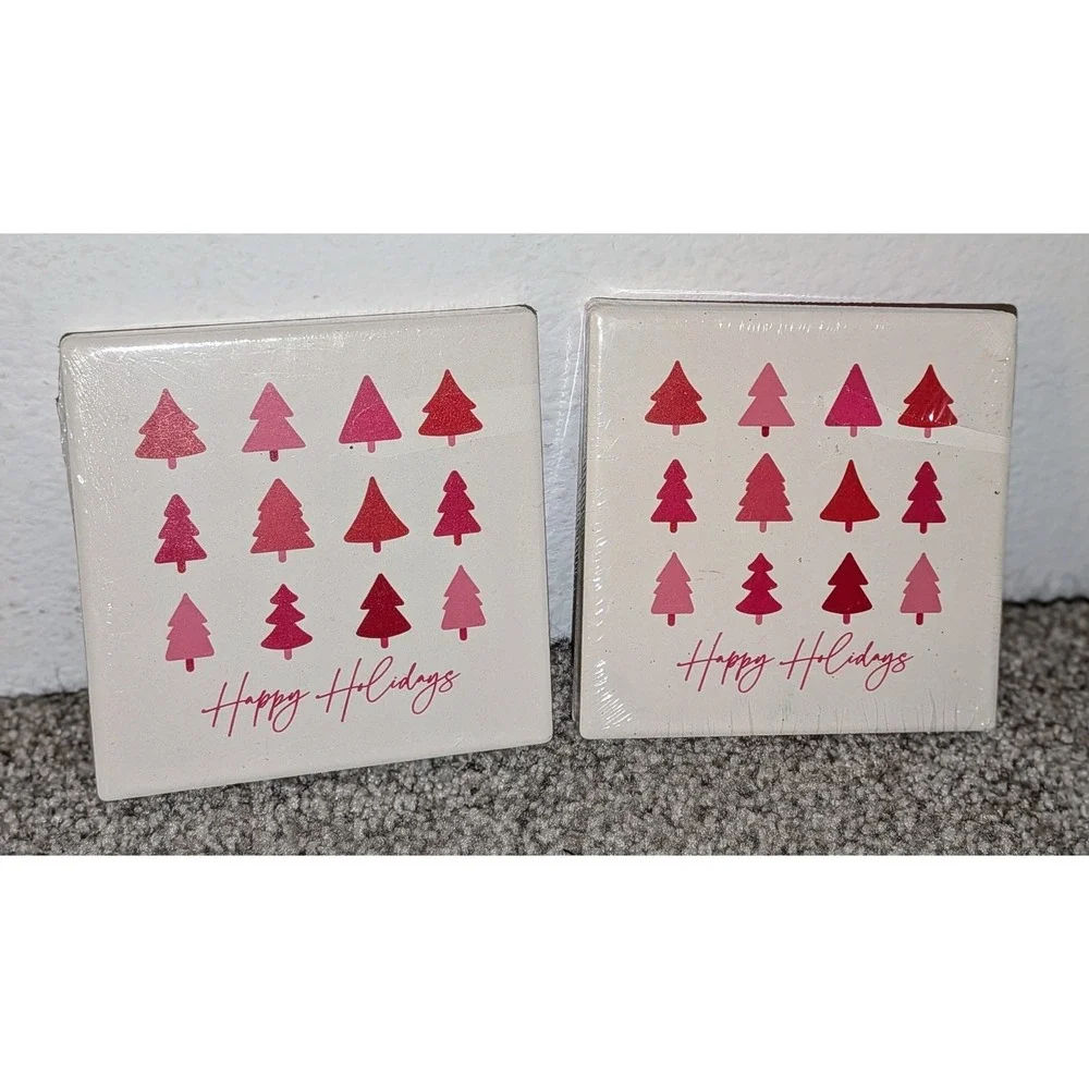 Set of 2- 2pc Cork Backed Coasters Happy Holidays Christmas Trees Pink Red White